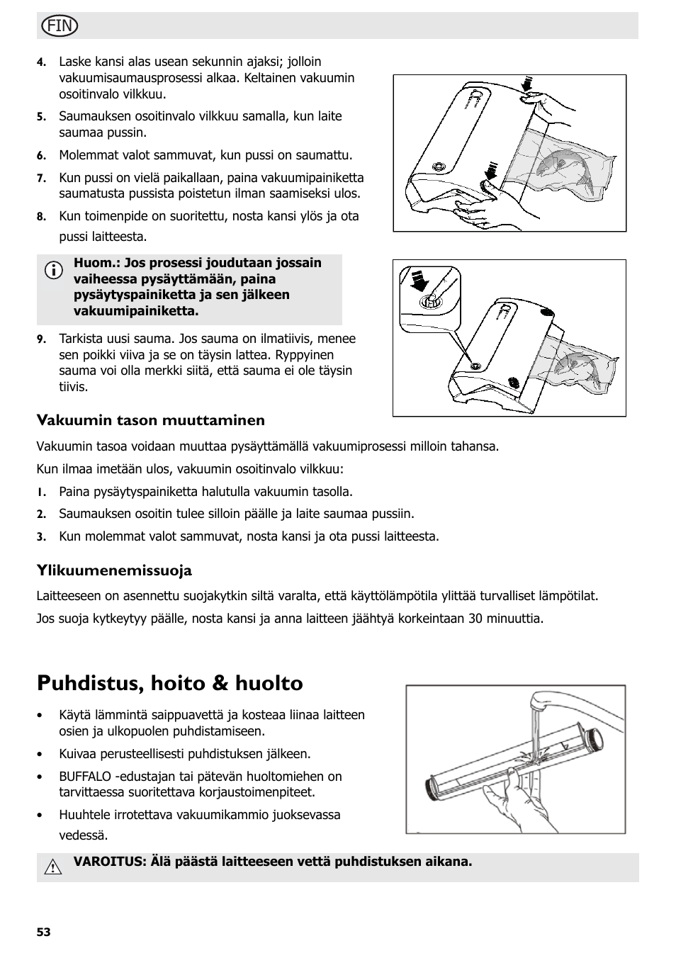 Puhdistus, hoito & huolto, Vakuumin tason muuttaminen, Ylikuumenemissuoja | Buffalo S097 User Manual | Page 58 / 64