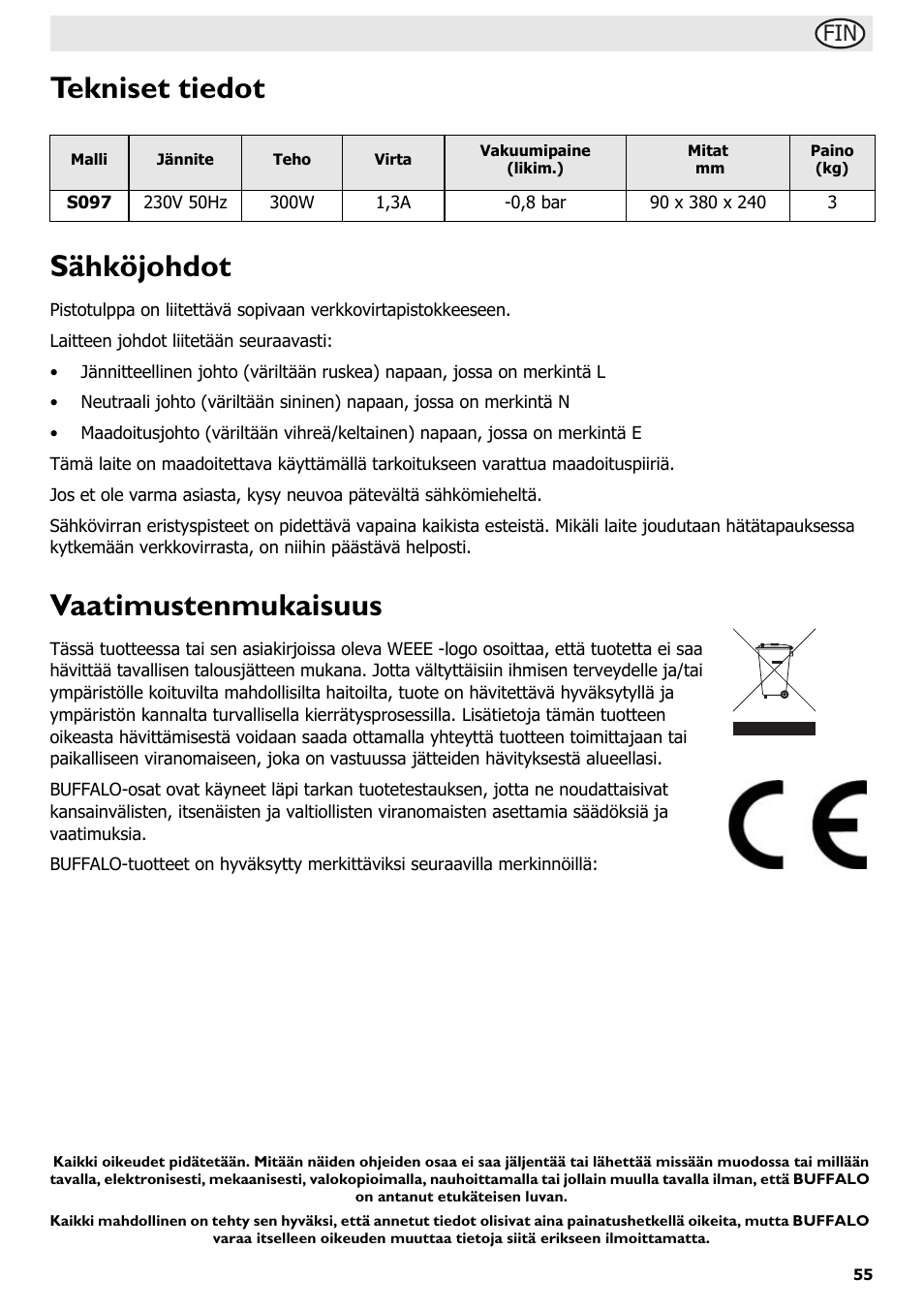 Tekniset tiedot sähköjohdot, Vaatimustenmukaisuus | Buffalo S097 User Manual | Page 60 / 64