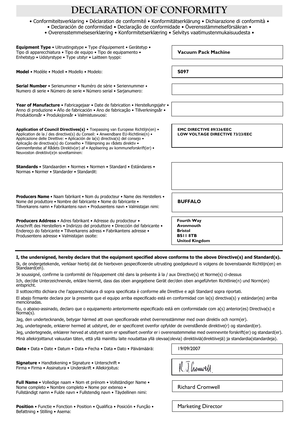 Declaration of conformity, Richard cromwell, Marketing director | Buffalo S097 User Manual | Page 61 / 64