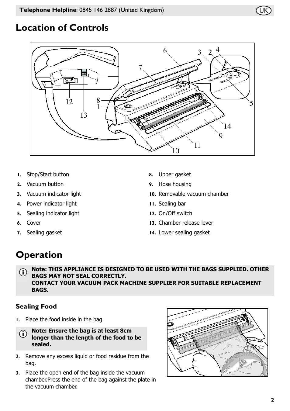 Location of controls operation, Sealing food | Buffalo S097 User Manual | Page 7 / 64