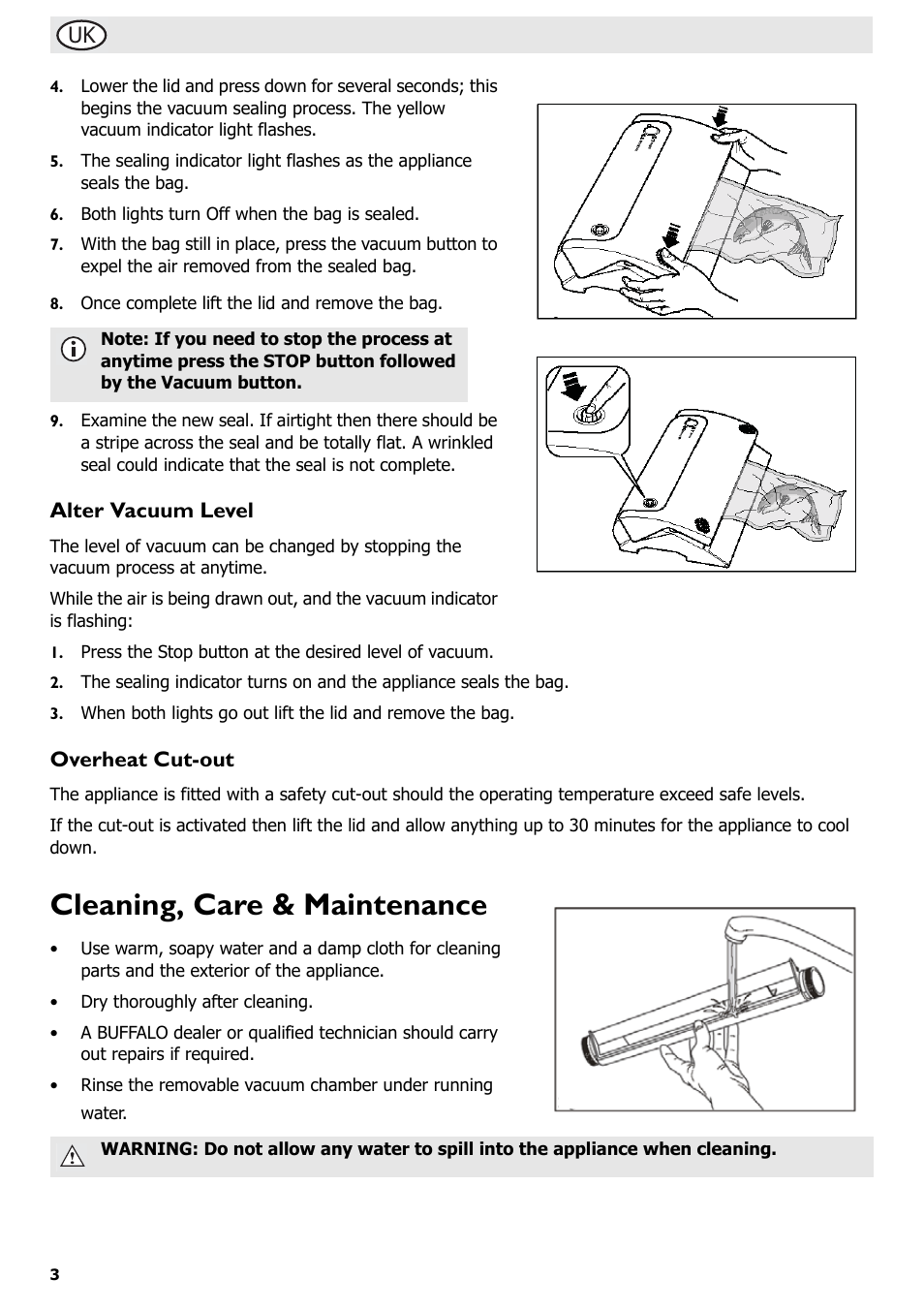 Cleaning, care & maintenance, Alter vacuum level, Overheat cut-out | Buffalo S097 User Manual | Page 8 / 64