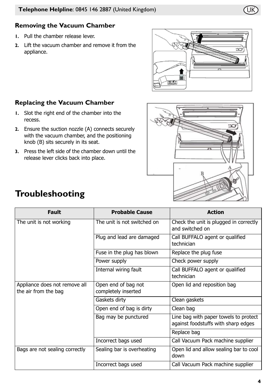 Troubleshooting, Removing the vacuum chamber, Replacing the vacuum chamber | Buffalo S097 User Manual | Page 9 / 64