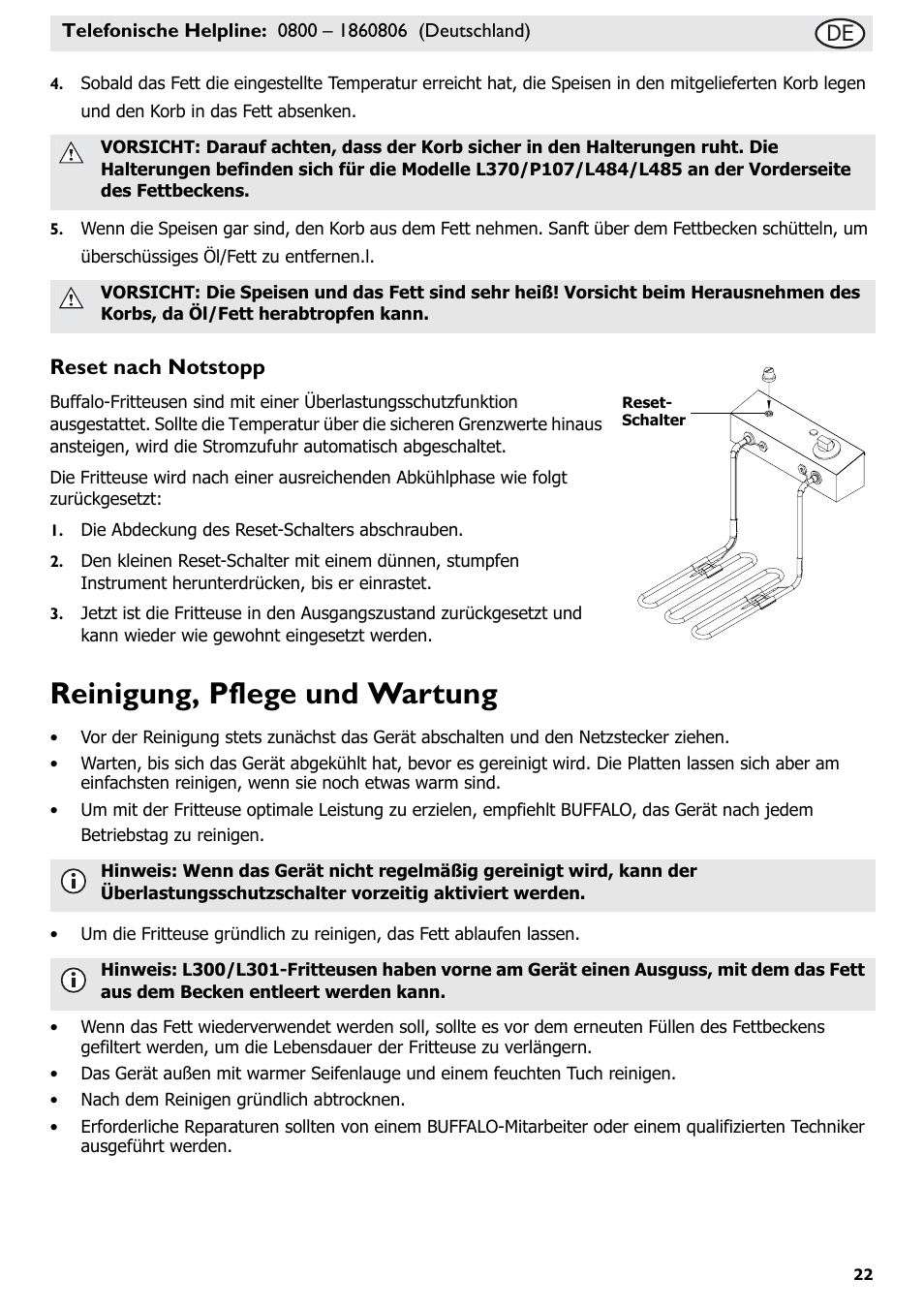 Reinigung, pflege und wartung, Reset nach notstopp | Buffalo L370 User Manual | Page 27 / 76