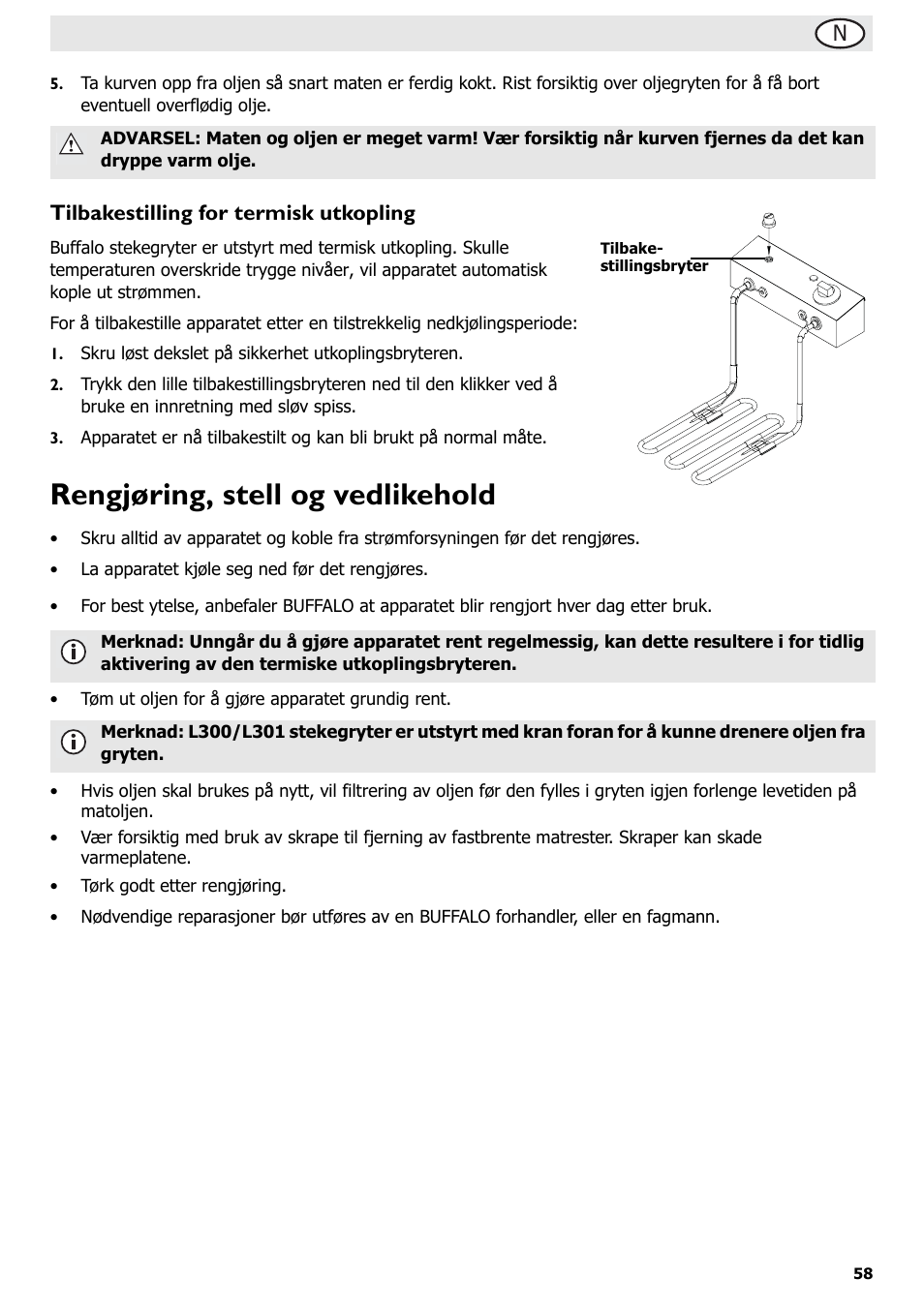 Rengjøring, stell og vedlikehold, Tilbakestilling for termisk utkopling | Buffalo L370 User Manual | Page 63 / 76