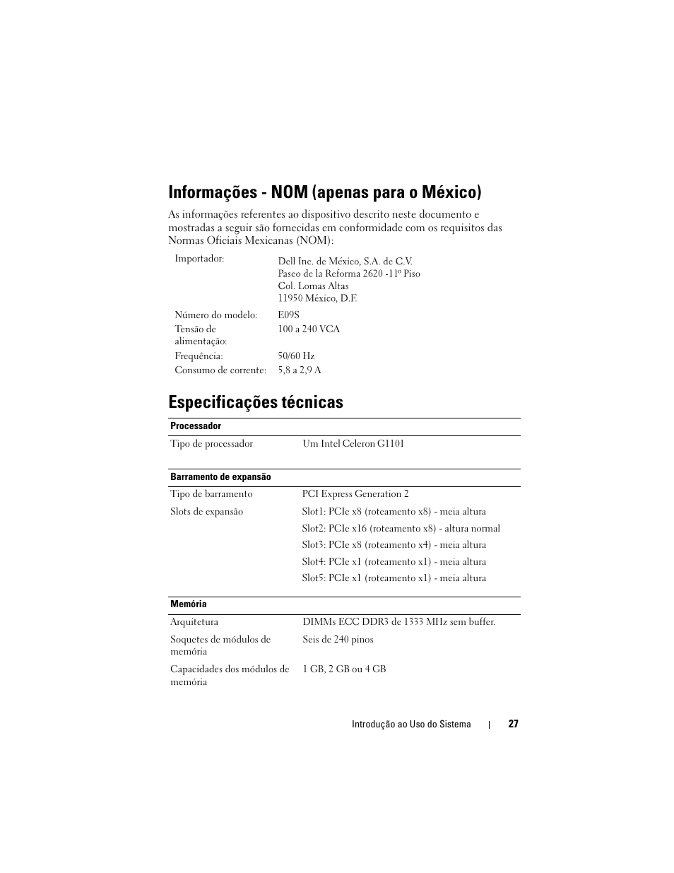 Informações - nom (apenas para o méxico), Especificações técnicas | Dell PowerVault NX200 User Manual | Page 29 / 46