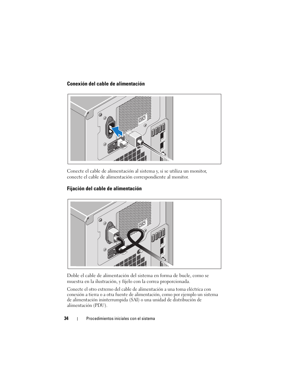 Conexión del cable de alimentación, Fijación del cable de alimentación | Dell PowerVault NX200 User Manual | Page 36 / 46