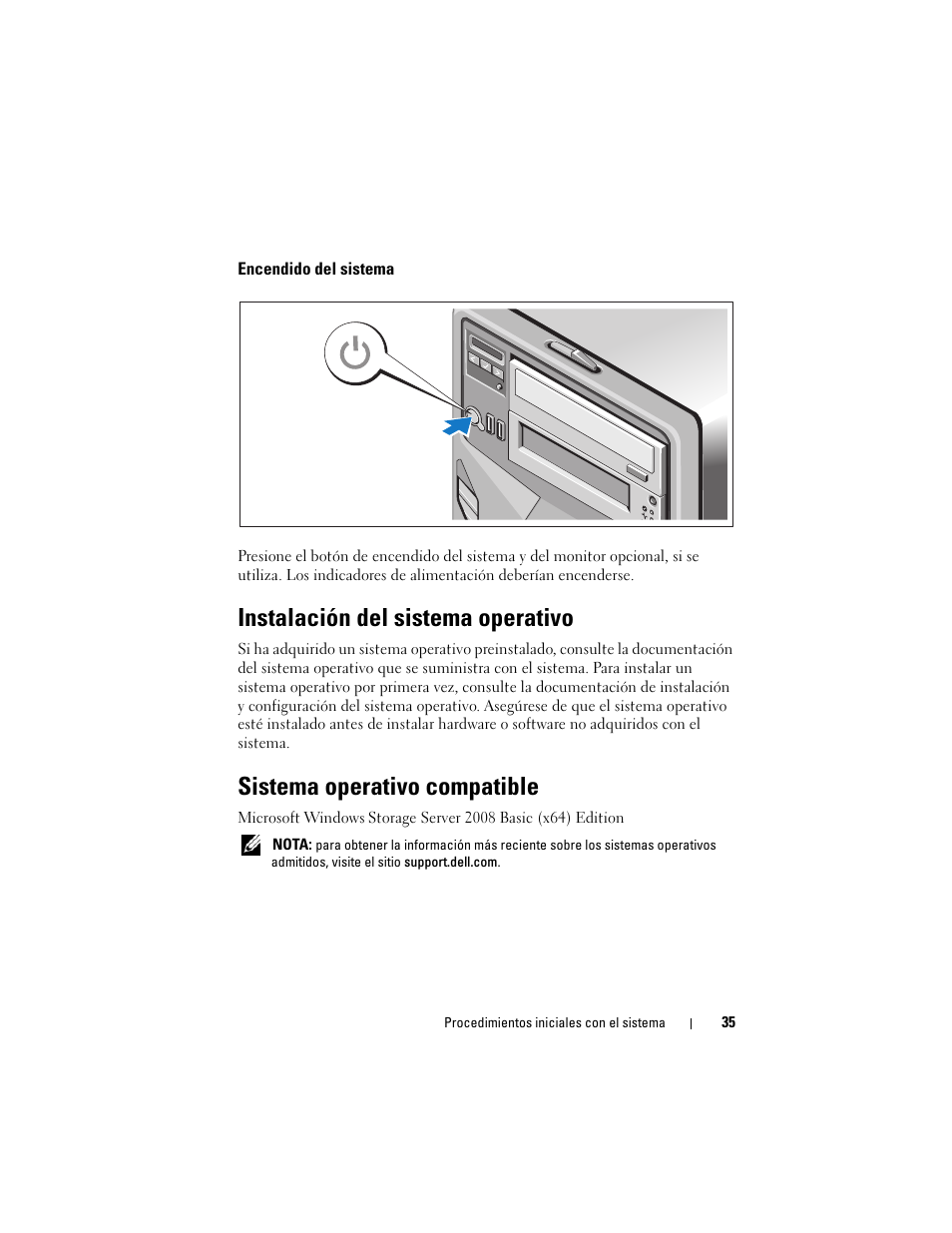 Encendido del sistema, Instalación del sistema operativo, Sistema operativo compatible | Dell PowerVault NX200 User Manual | Page 37 / 46