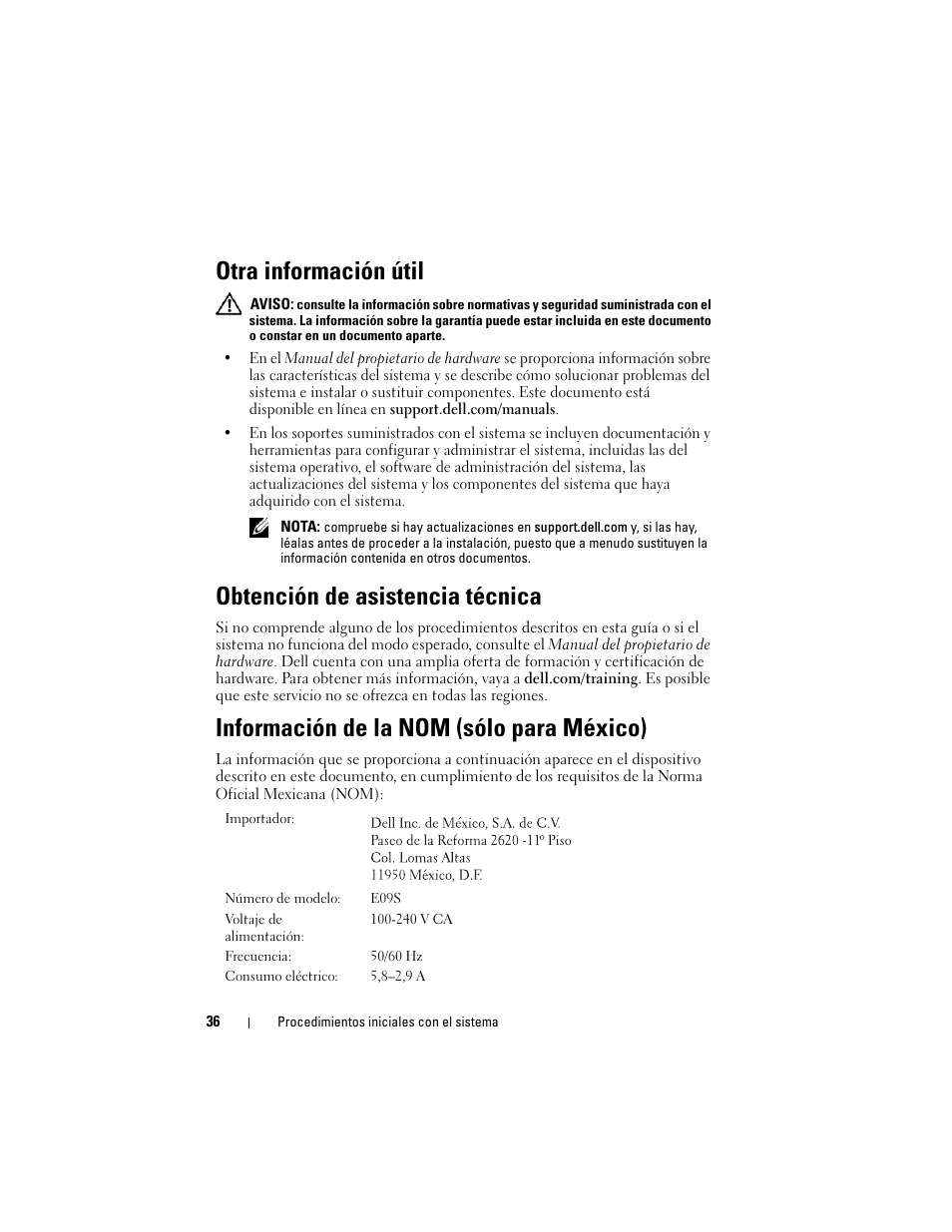 Otra información útil, Obtención de asistencia técnica, Información de la nom (sólo para méxico) | Dell PowerVault NX200 User Manual | Page 38 / 46