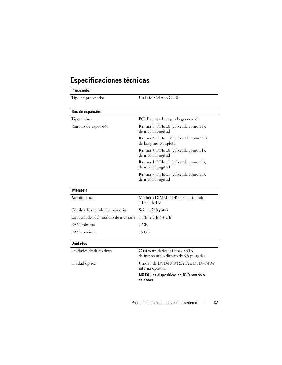 Especificaciones técnicas | Dell PowerVault NX200 User Manual | Page 39 / 46