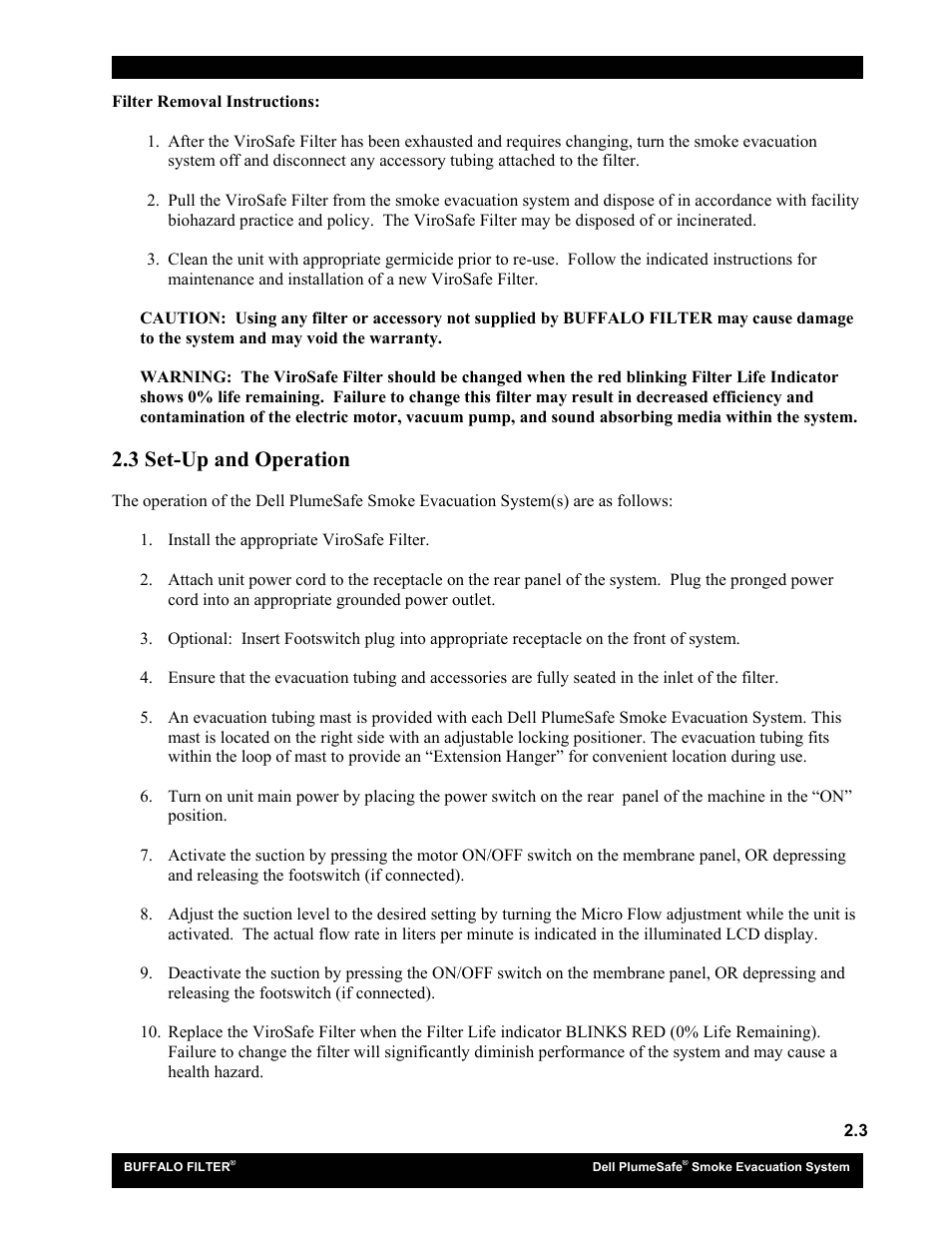 3 set-up and operation | Buffalo Filter Smoke Evacuation System User Manual | Page 11 / 17