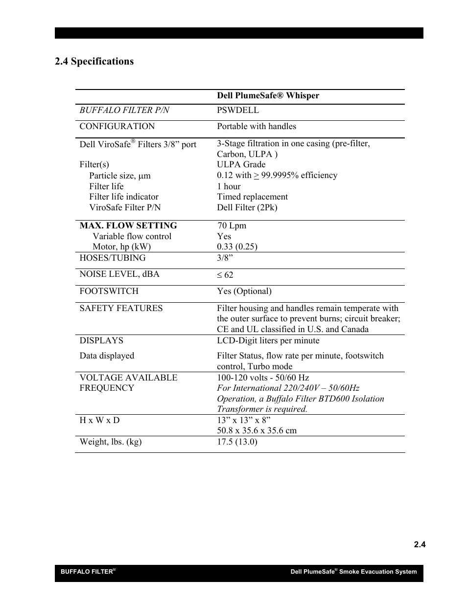 4 specifications | Buffalo Filter Smoke Evacuation System User Manual | Page 12 / 17
