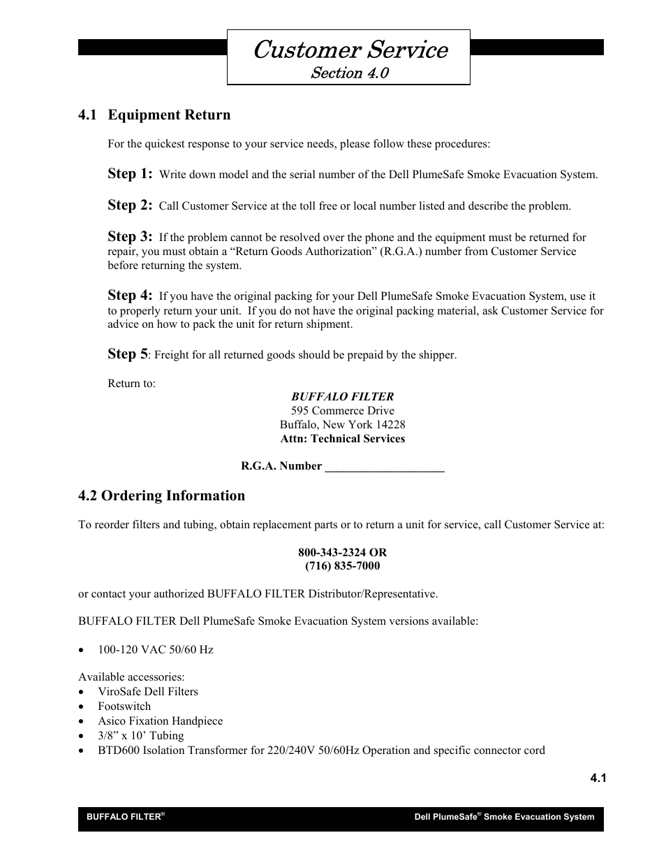 Customer service, 1 equipment return, Step 1 | Step 2, Step 3, Step 4, Step 5, 2 ordering information | Buffalo Filter Smoke Evacuation System User Manual | Page 15 / 17