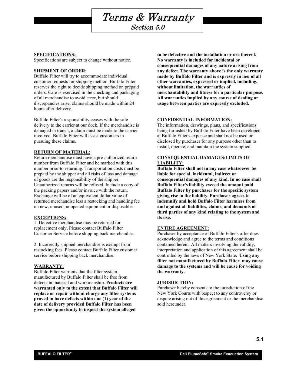 Terms & warranty | Buffalo Filter Smoke Evacuation System User Manual | Page 16 / 17