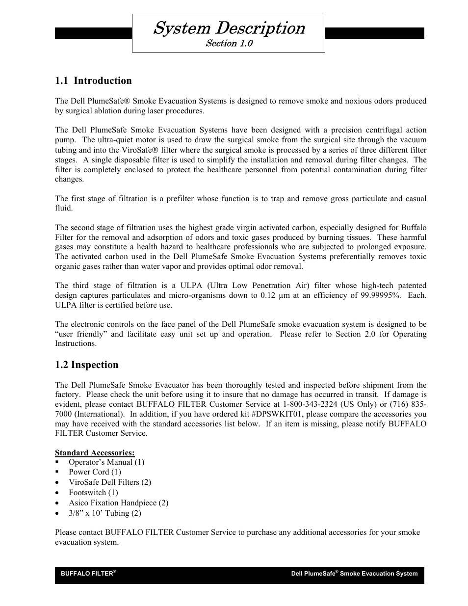 System description, 1 introduction, 2 inspection | Buffalo Filter Smoke Evacuation System User Manual | Page 4 / 17