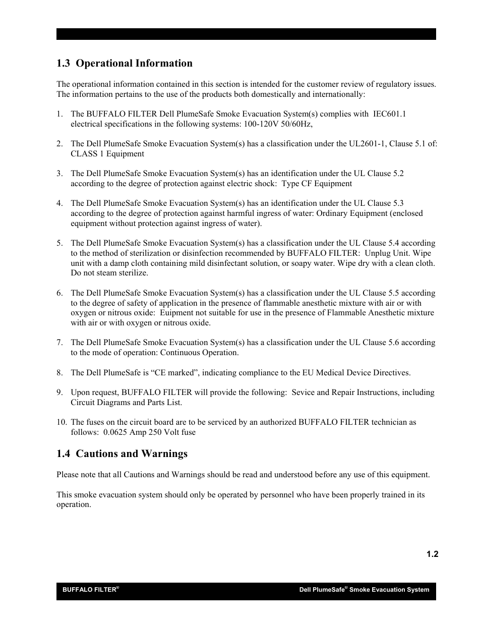 3 operational information, 4 cautions and warnings | Buffalo Filter Smoke Evacuation System User Manual | Page 6 / 17