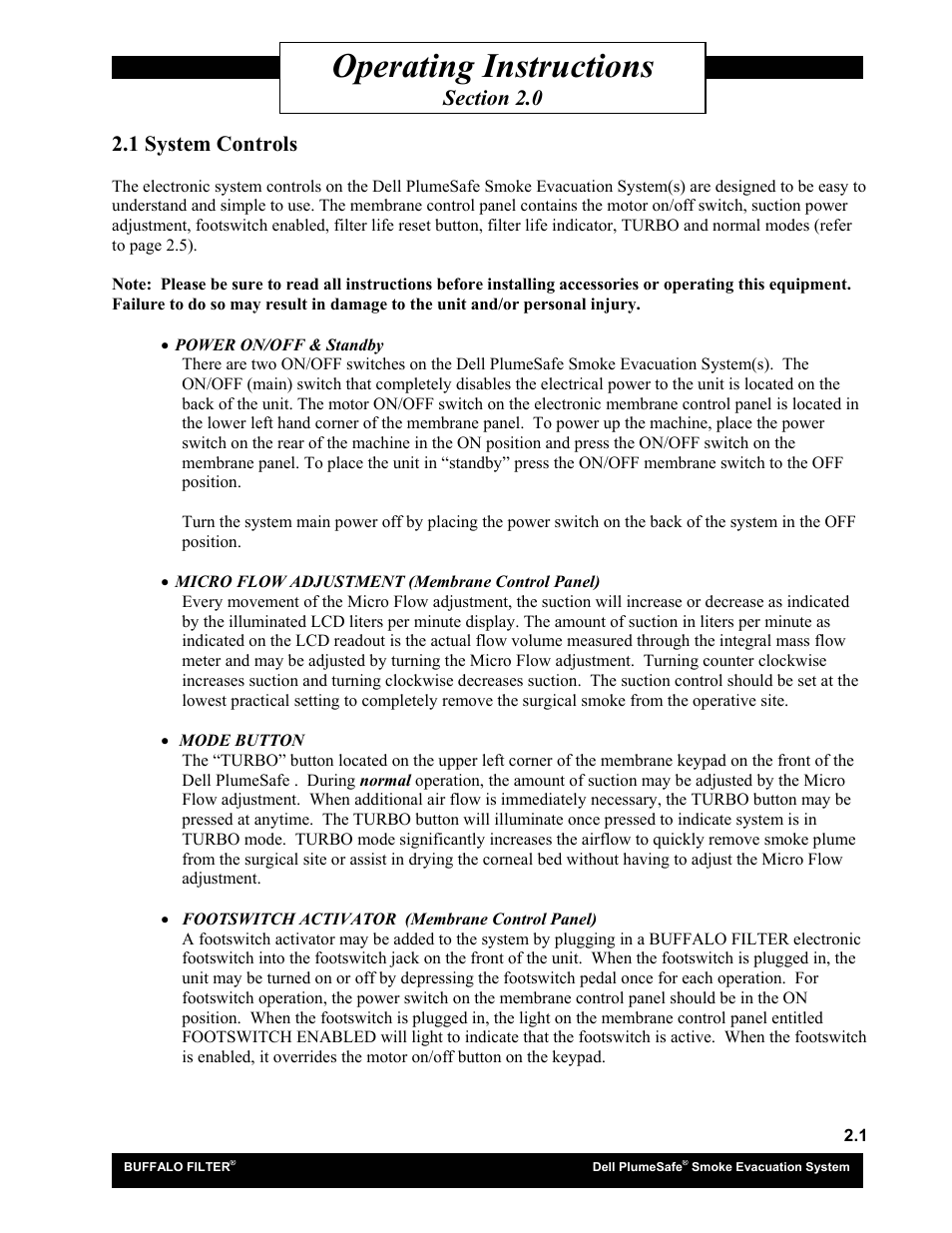 Operating instructions, 1 system controls | Buffalo Filter Smoke Evacuation System User Manual | Page 9 / 17