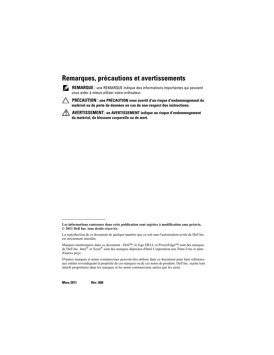 Remarques, précautions et avertissements | Dell PowerEdge R810 User Manual | Page 24 / 92