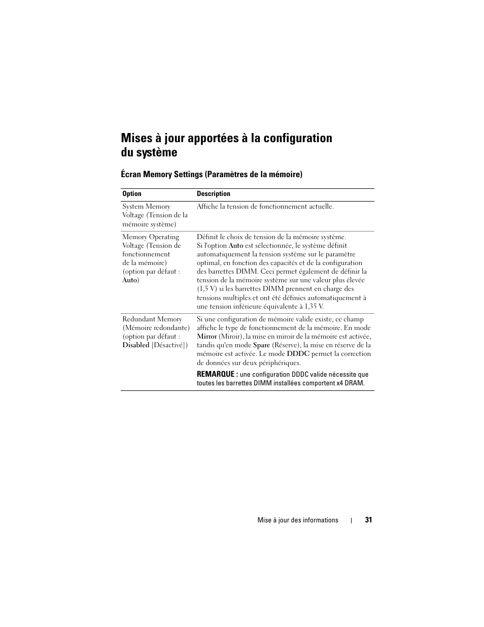 Écran memory settings (paramètres de la mémoire) | Dell PowerEdge R810 User Manual | Page 31 / 92