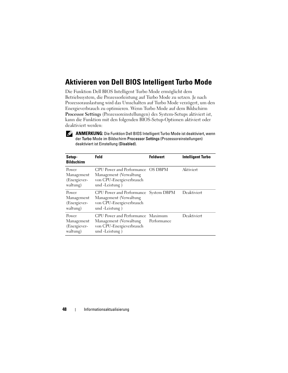 Aktivieren von dell bios intelligent turbo mode | Dell PowerEdge R810 User Manual | Page 48 / 92