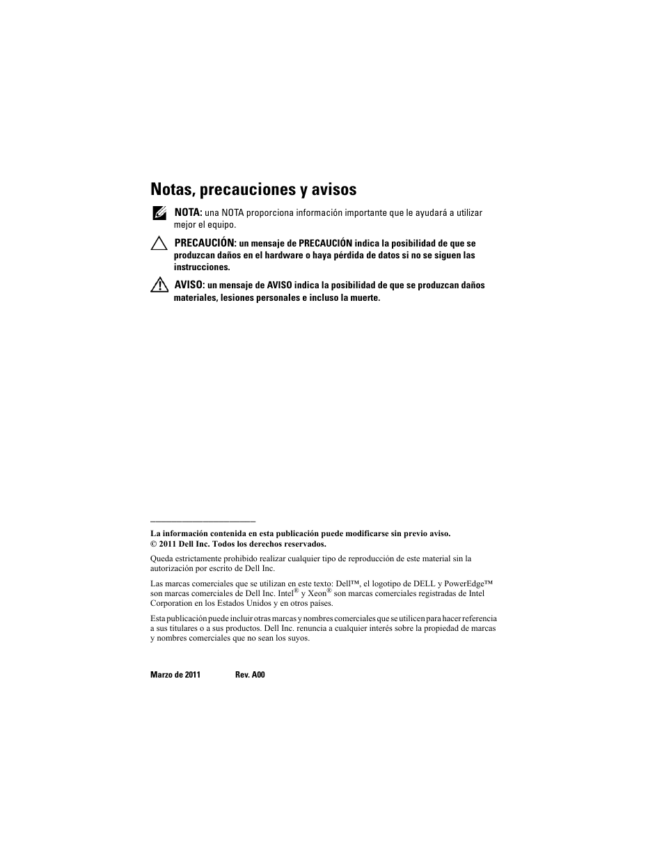 Notas, precauciones y avisos | Dell PowerEdge R810 User Manual | Page 70 / 92