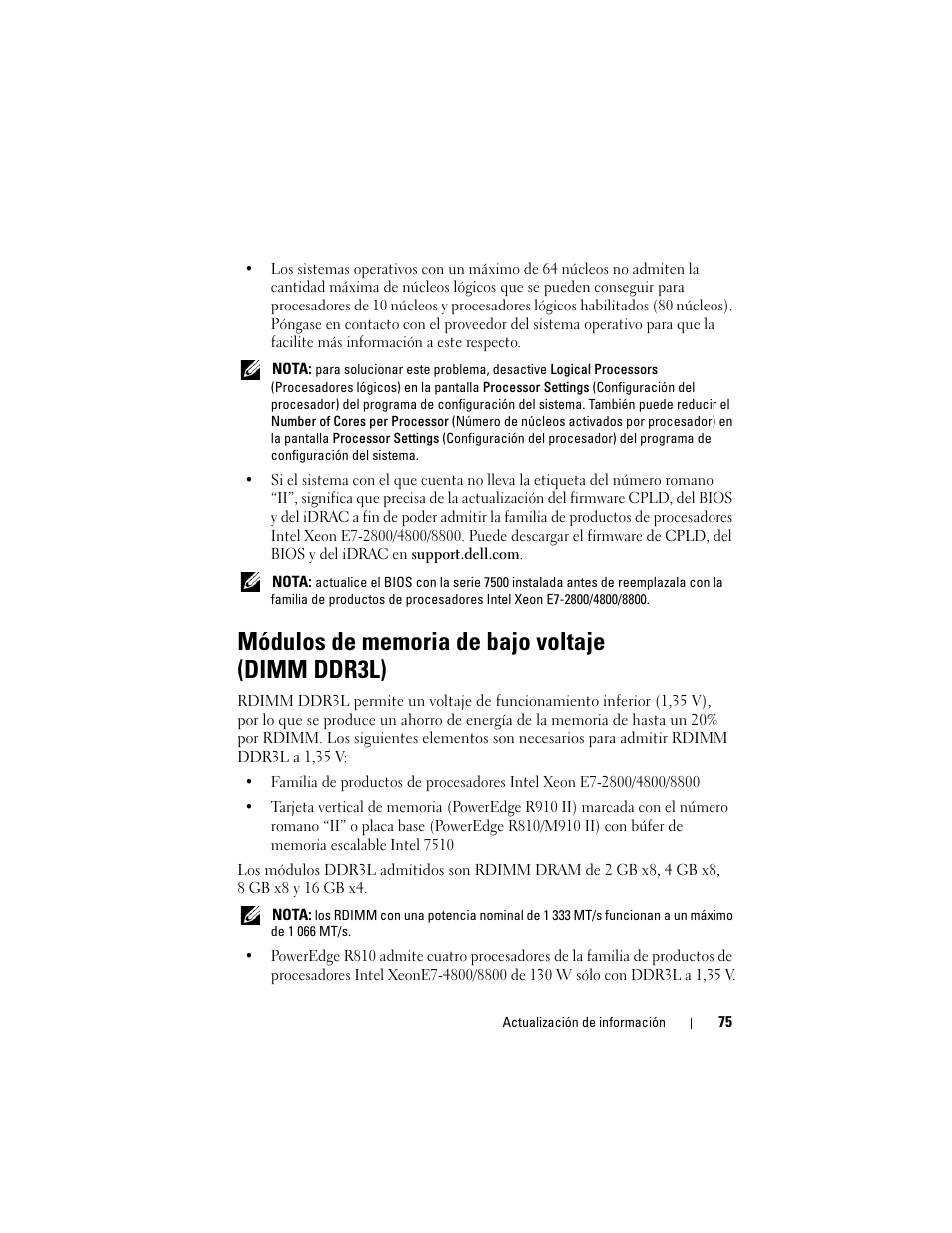 Módulos de memoria de bajo voltaje (dimm ddr3l) | Dell PowerEdge R810 User Manual | Page 75 / 92