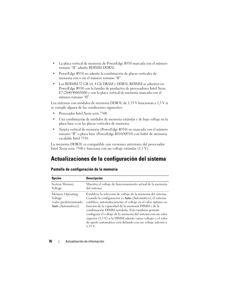 Actualizaciones de la configuración del sistema, Pantalla de configuración de la memoria | Dell PowerEdge R810 User Manual | Page 76 / 92