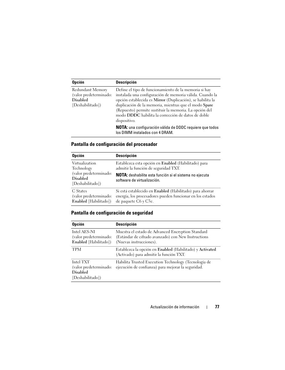 Pantalla de configuración del procesador, Pantalla de configuración de seguridad | Dell PowerEdge R810 User Manual | Page 77 / 92