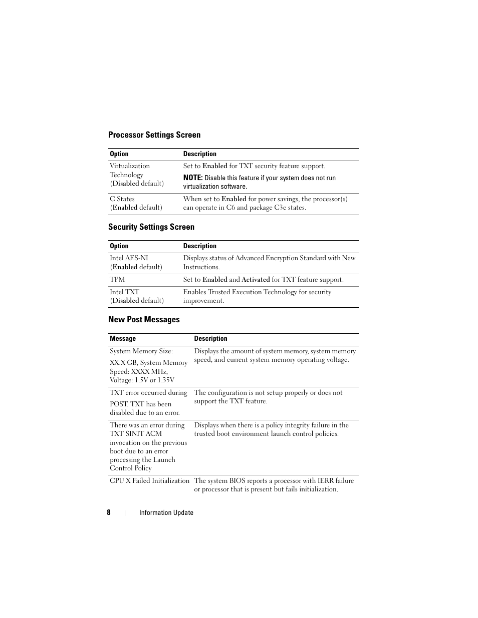 Processor settings screen, Security settings screen, New post messages | Dell PowerEdge R810 User Manual | Page 8 / 92