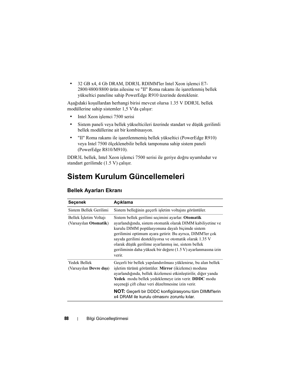 Sistem kurulum güncellemeleri, Bellek ayarları ekranı | Dell PowerEdge R810 User Manual | Page 88 / 92