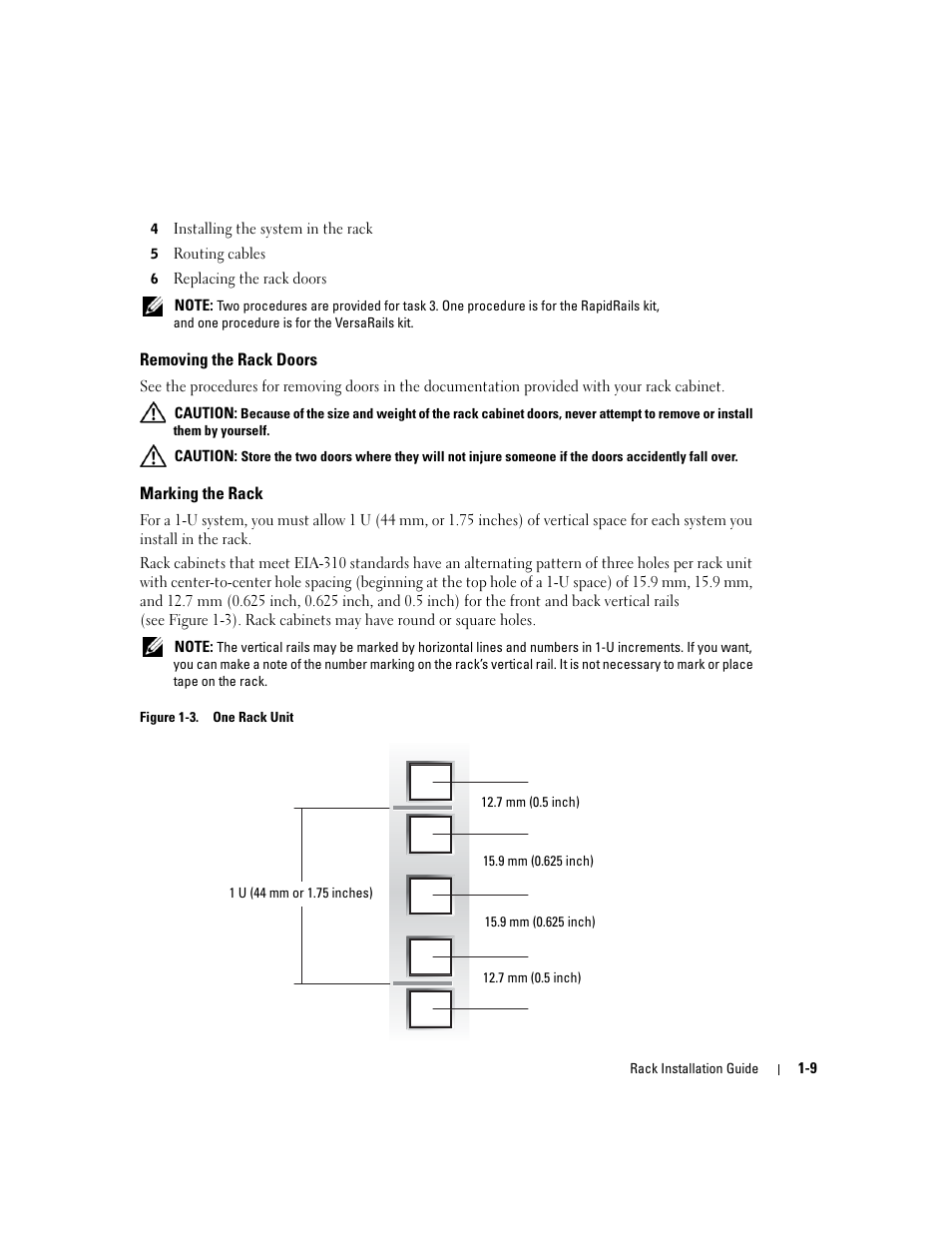 Removing the rack doors, Marking the rack, Figure 1-3 | One rack unit | Dell PowerEdge 750 User Manual | Page 11 / 134