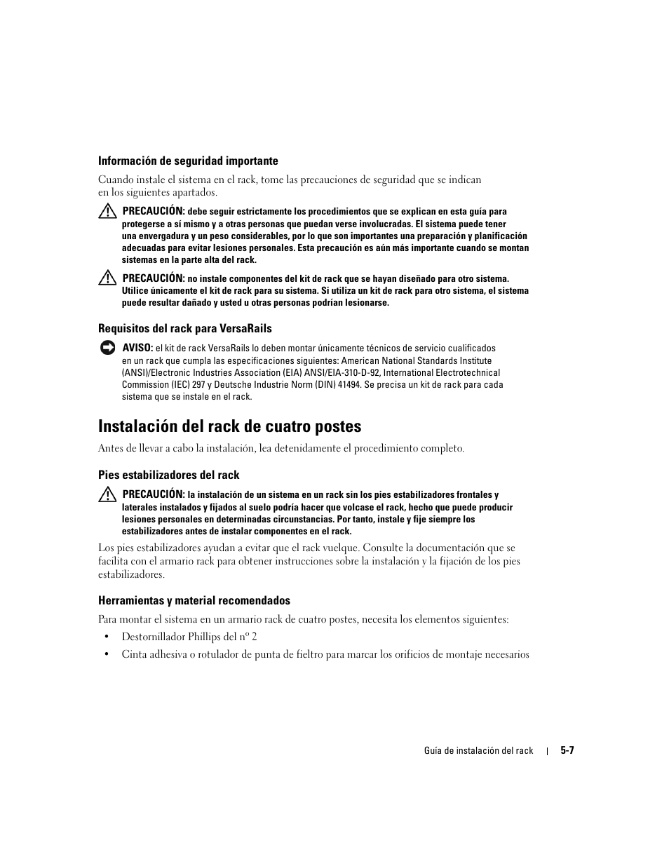 Información de seguridad importante, Requisitos del rack para versarails, Instalación del rack de cuatro postes | Pies estabilizadores del rack, Herramientas y material recomendados | Dell PowerEdge 750 User Manual | Page 113 / 134