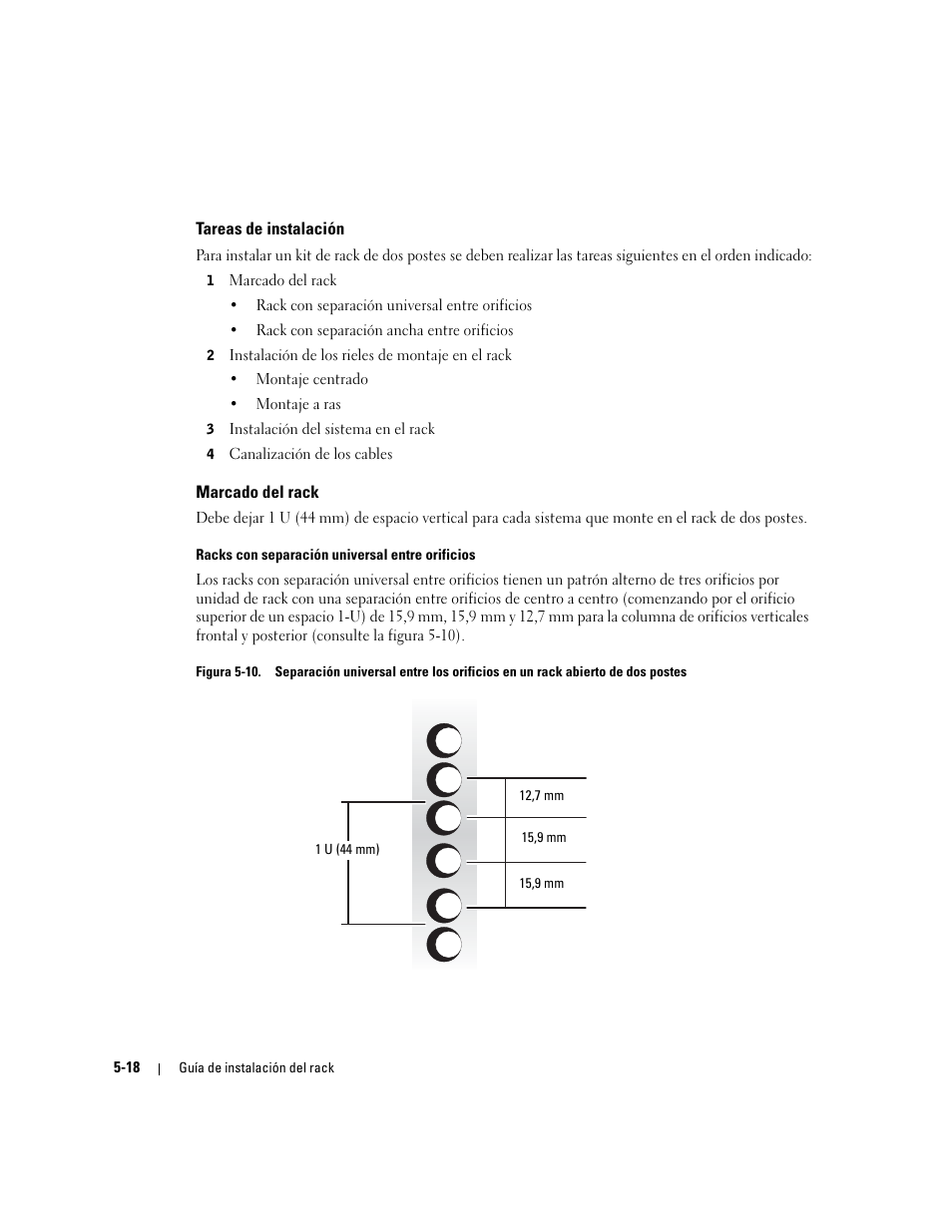 Tareas de instalación, Marcado del rack, Figura 5-10 | Dell PowerEdge 750 User Manual | Page 124 / 134