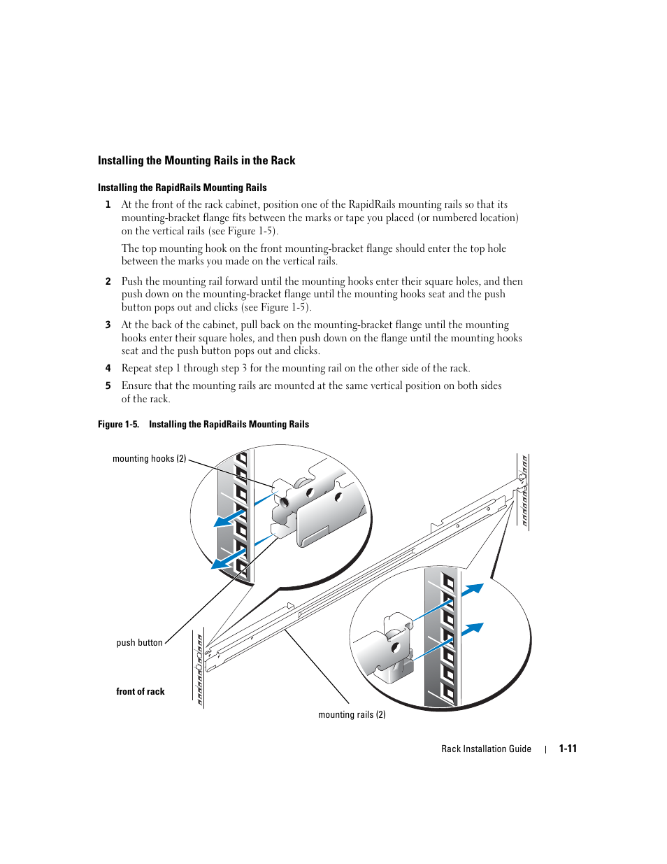 Installing the mounting rails in the rack, Figure 1-5, Installing the rapidrails mounting rails | Dell PowerEdge 750 User Manual | Page 13 / 134