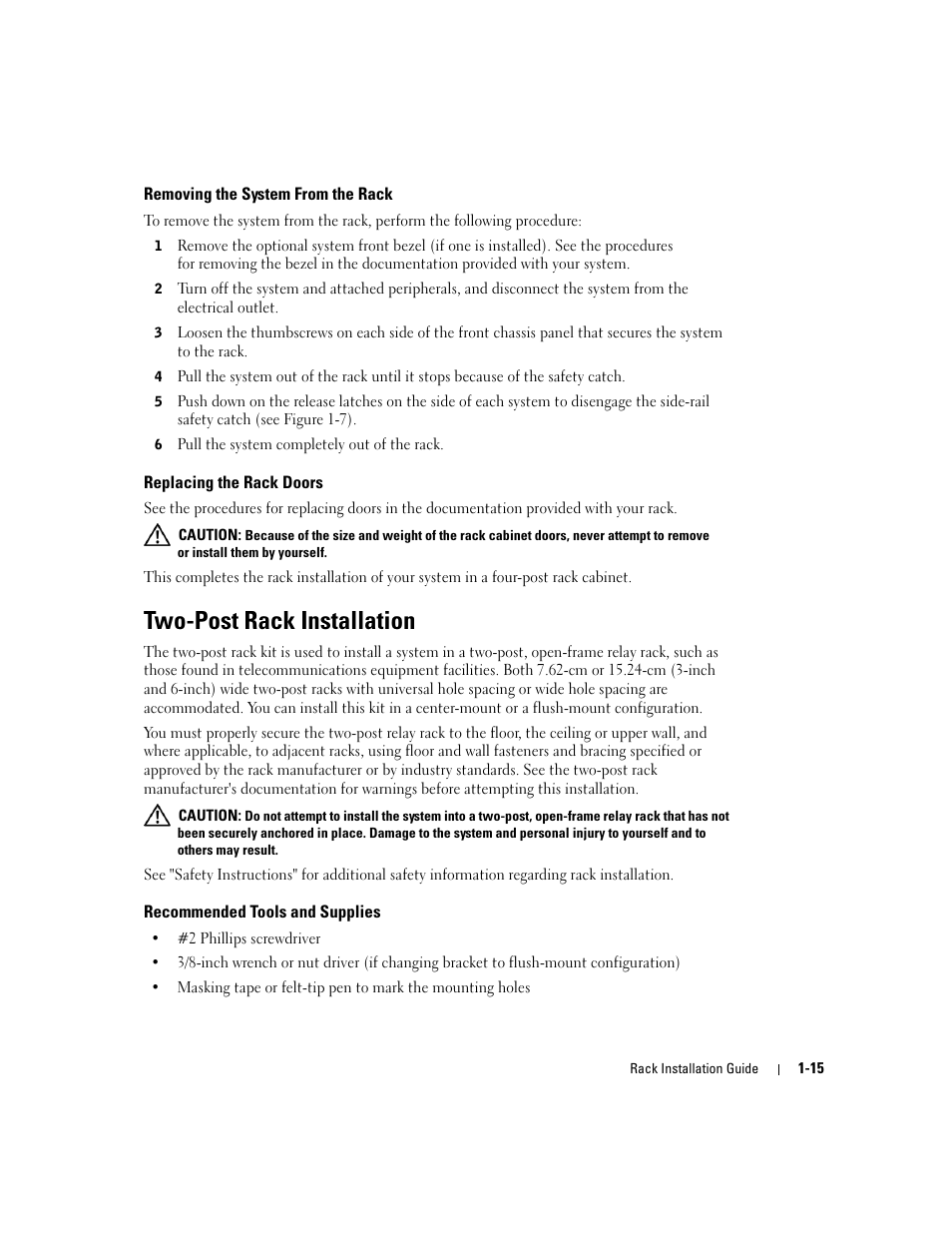 Removing the system from the rack, Replacing the rack doors, Two-post rack installation | Recommended tools and supplies | Dell PowerEdge 750 User Manual | Page 17 / 134