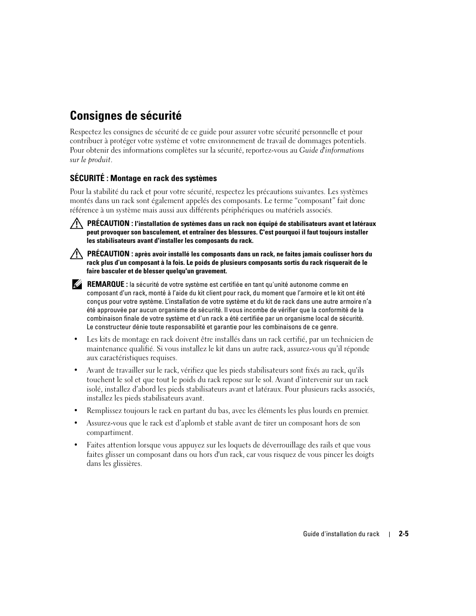 Consignes de sécurité, Sécurité : montage en rack des systèmes | Dell PowerEdge 750 User Manual | Page 31 / 134