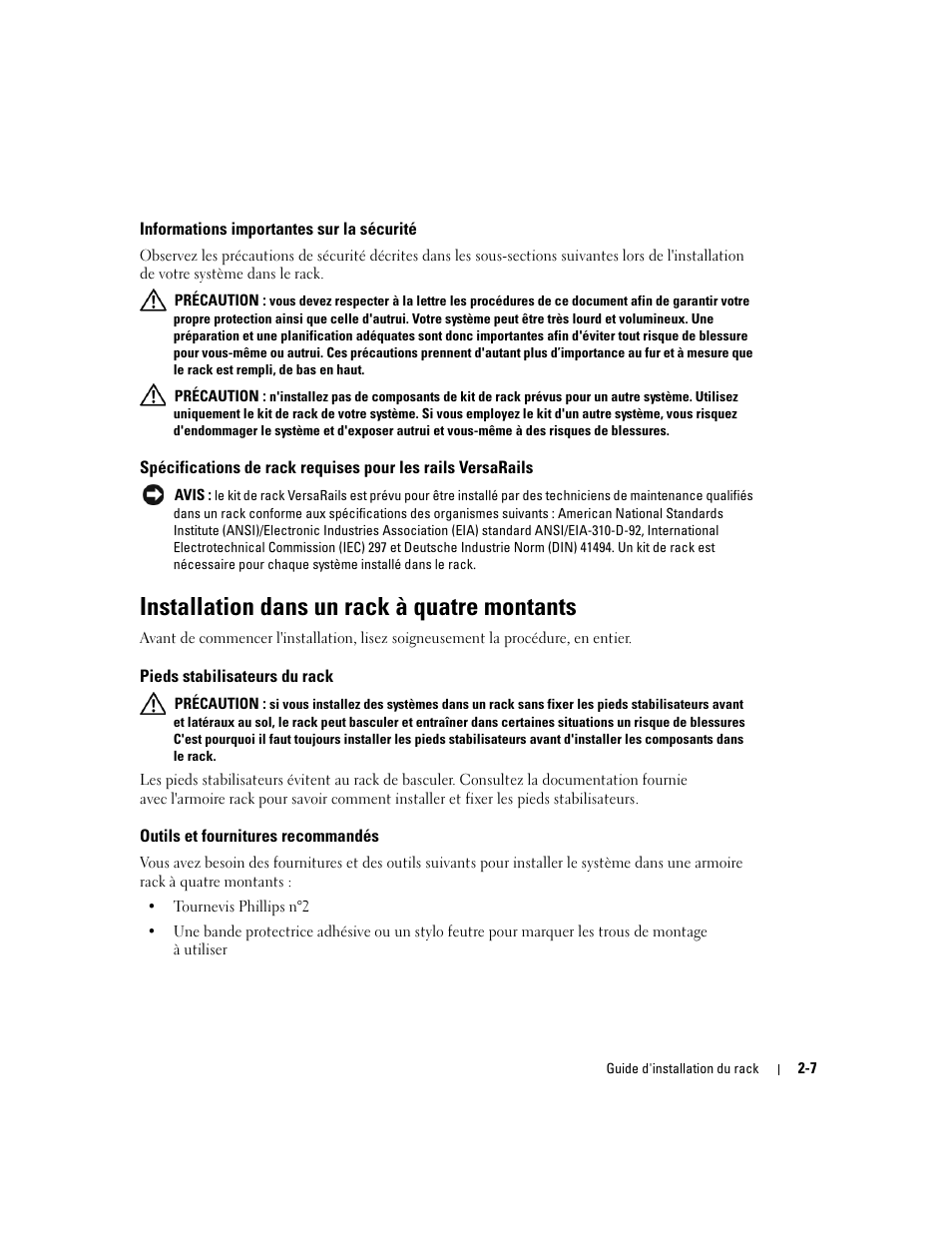 Informations importantes sur la sécurité, Installation dans un rack à quatre montants, Pieds stabilisateurs du rack | Outils et fournitures recommandés | Dell PowerEdge 750 User Manual | Page 33 / 134