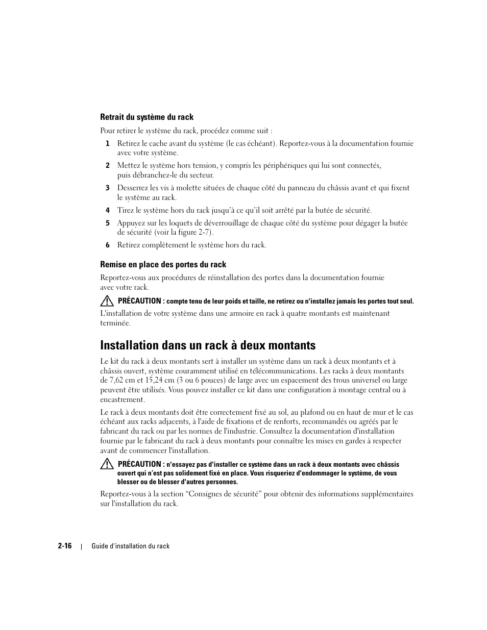 Retrait du système du rack, Remise en place des portes du rack, Installation dans un rack à deux montants | Dell PowerEdge 750 User Manual | Page 42 / 134