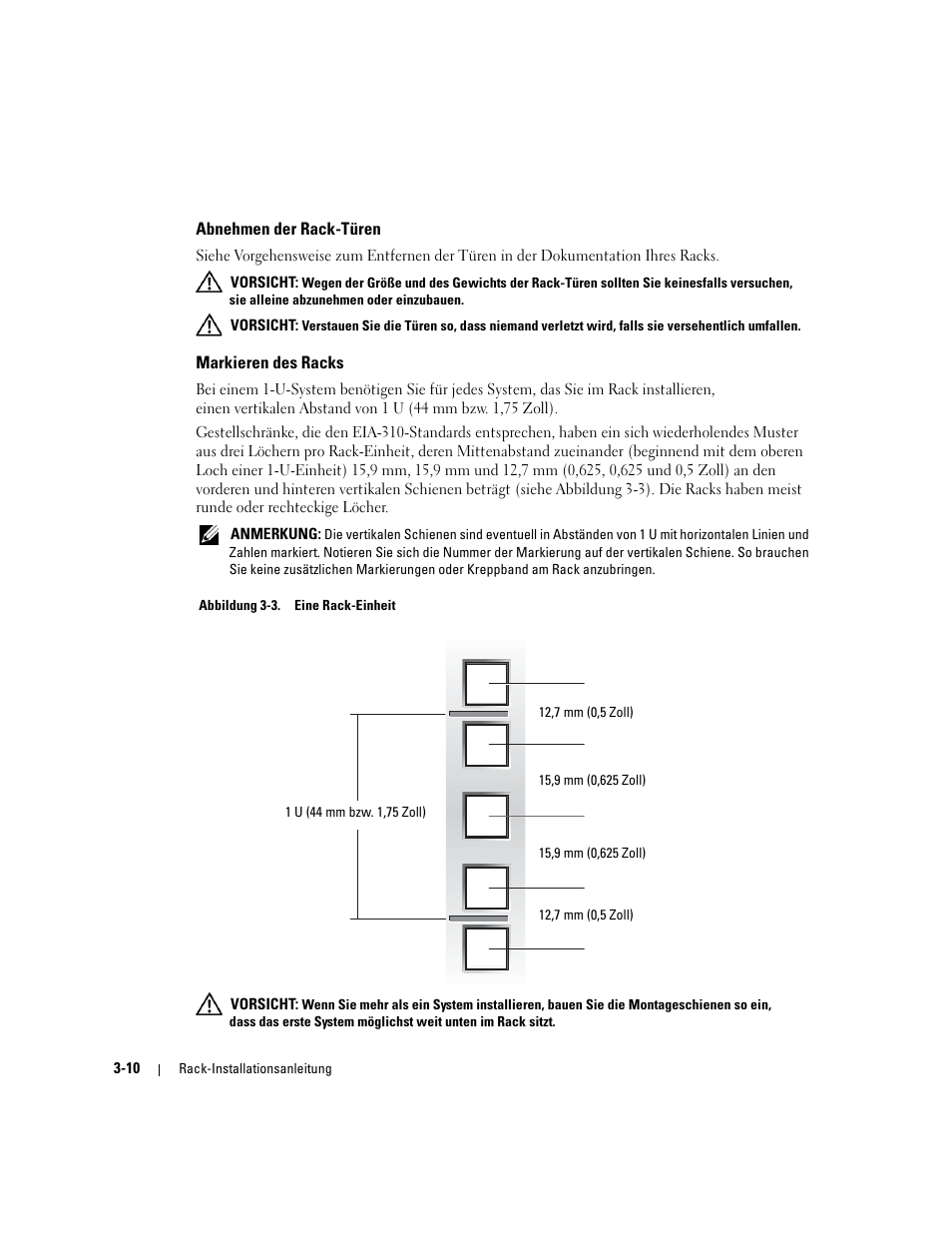 Abnehmen der rack-türen, Markieren des racks, Abbildung 3-3 | Eine rack-einheit | Dell PowerEdge 750 User Manual | Page 62 / 134