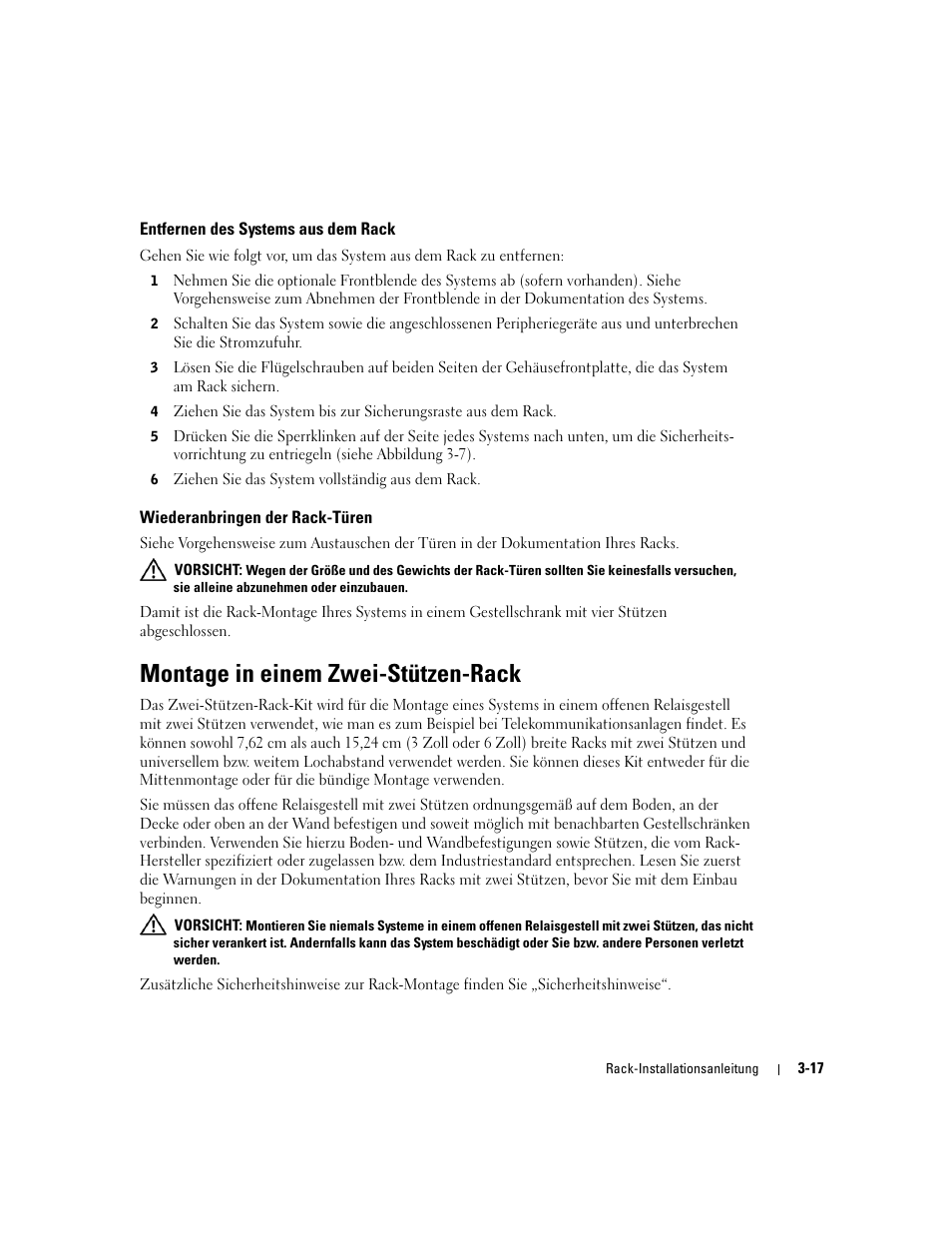 Entfernen des systems aus dem rack, Wiederanbringen der rack-türen, Montage in einem zwei-stützen-rack | Dell PowerEdge 750 User Manual | Page 69 / 134