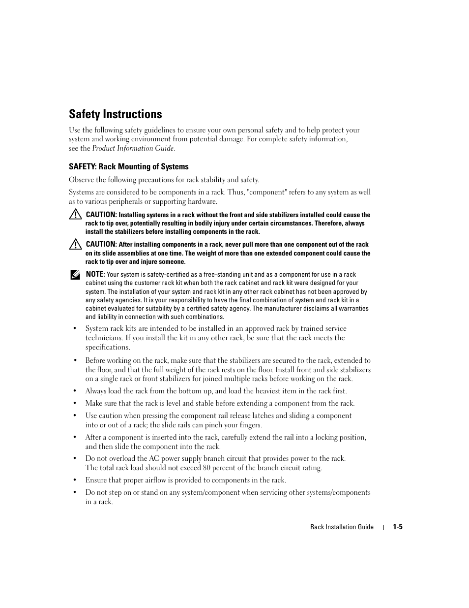 Safety instructions, Safety: rack mounting of systems | Dell PowerEdge 750 User Manual | Page 7 / 134