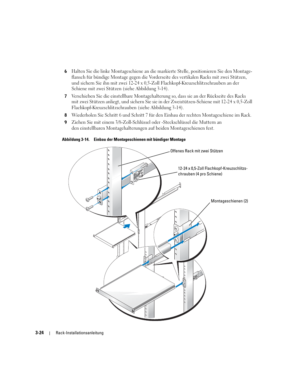 Abbildung 3-14, Einbau der montageschienen mit bündiger montage | Dell PowerEdge 750 User Manual | Page 76 / 134