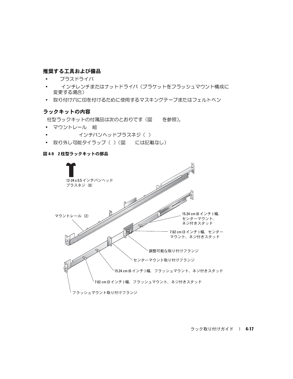 推奨する工具および備品, ラックキットの内容, 図 4-9 2 | 柱型ラックキットの部品 | Dell PowerEdge 750 User Manual | Page 97 / 134