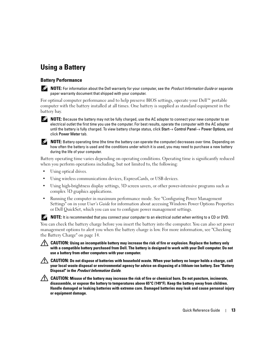 Using a battery, Battery performance | Dell Precision M90 User Manual | Page 13 / 96