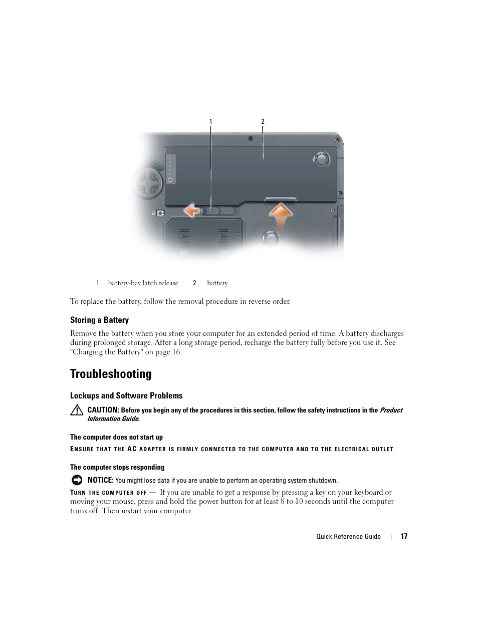 Storing a battery, Troubleshooting, Lockups and software problems | Dell Precision M90 User Manual | Page 17 / 96