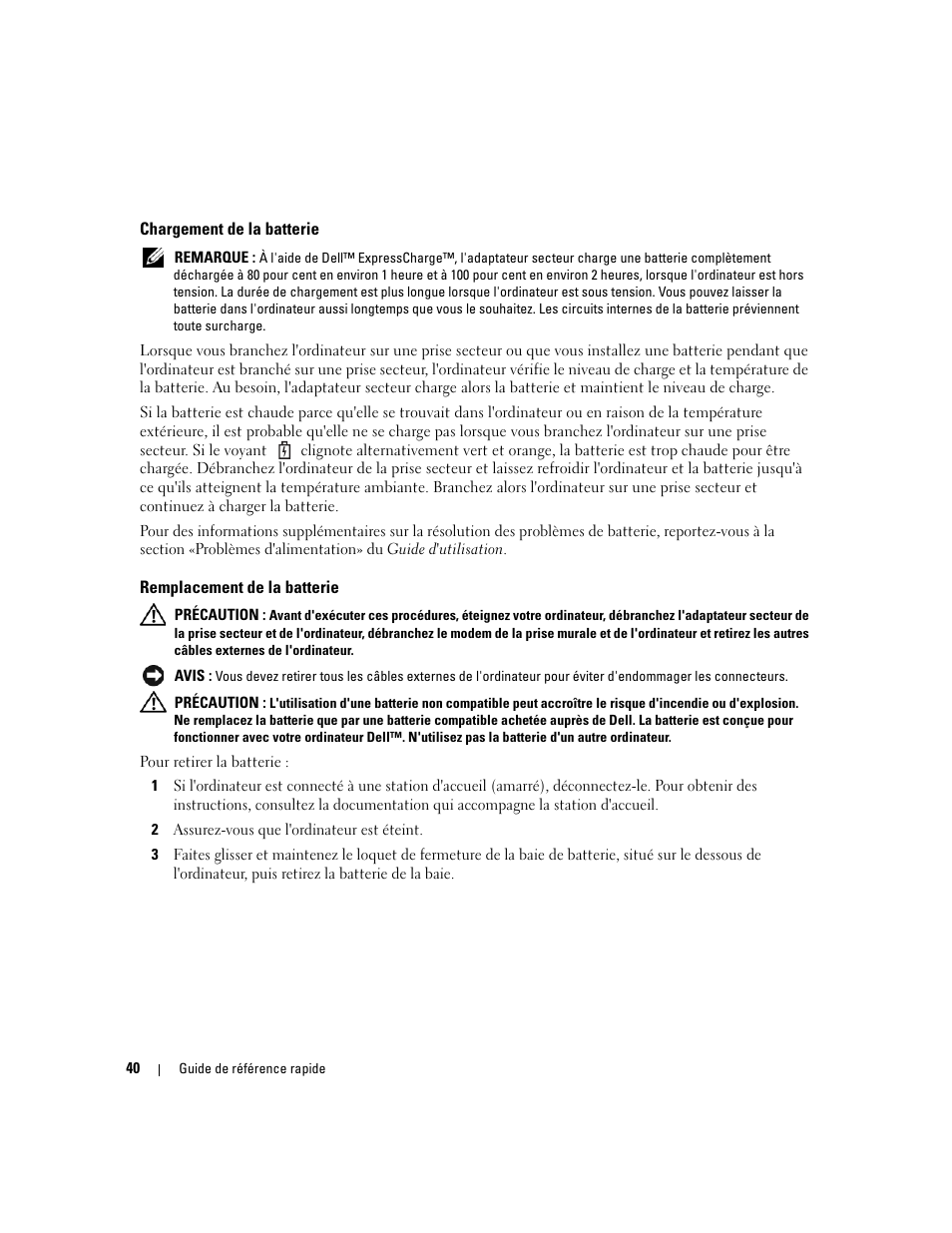 Chargement de la batterie, Remplacement de la batterie | Dell Precision M90 User Manual | Page 40 / 96
