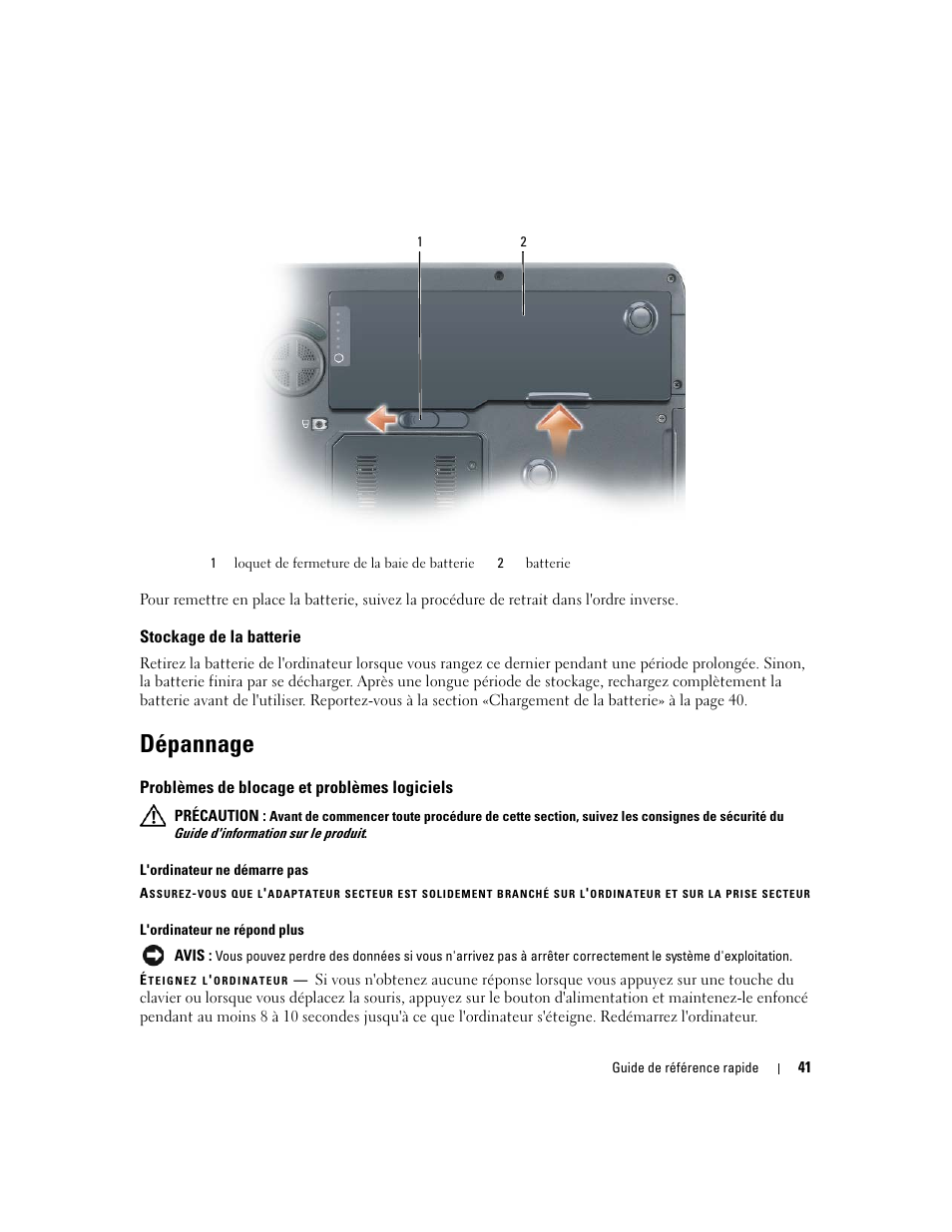 Stockage de la batterie, Dépannage, Problèmes de blocage et problèmes logiciels | Dell Precision M90 User Manual | Page 41 / 96