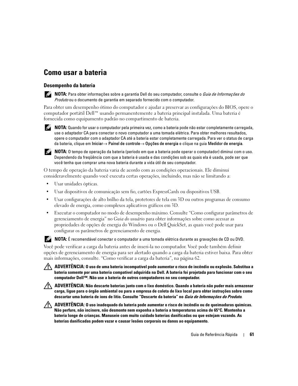 Como usar a bateria, Desempenho da bateria | Dell Precision M90 User Manual | Page 61 / 96