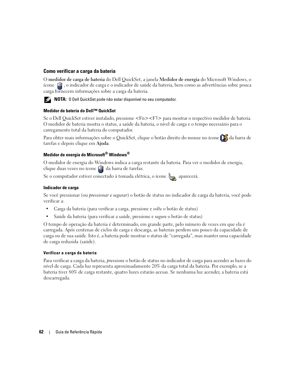 Como verificar a carga da bateria | Dell Precision M90 User Manual | Page 62 / 96