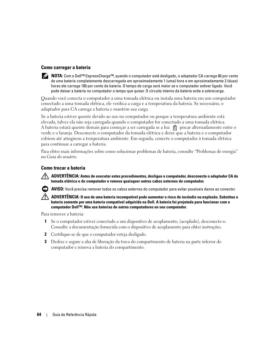 Como carregar a bateria, Como trocar a bateria | Dell Precision M90 User Manual | Page 64 / 96