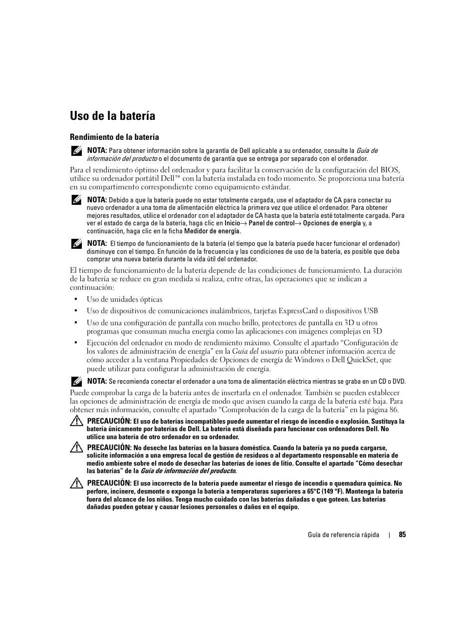 Uso de la batería, Rendimiento de la batería | Dell Precision M90 User Manual | Page 85 / 96